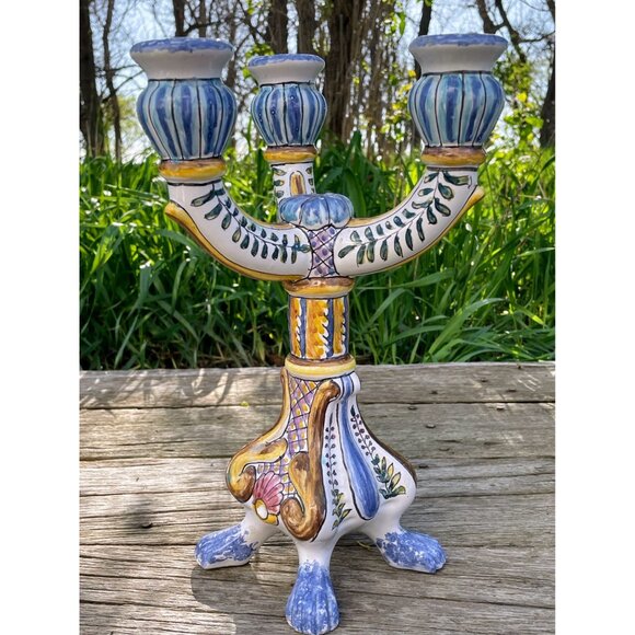 Vintage Hand Painted Portugal 3 Arm Candelabra Candle Stick Holder - Picture 14 of 16
